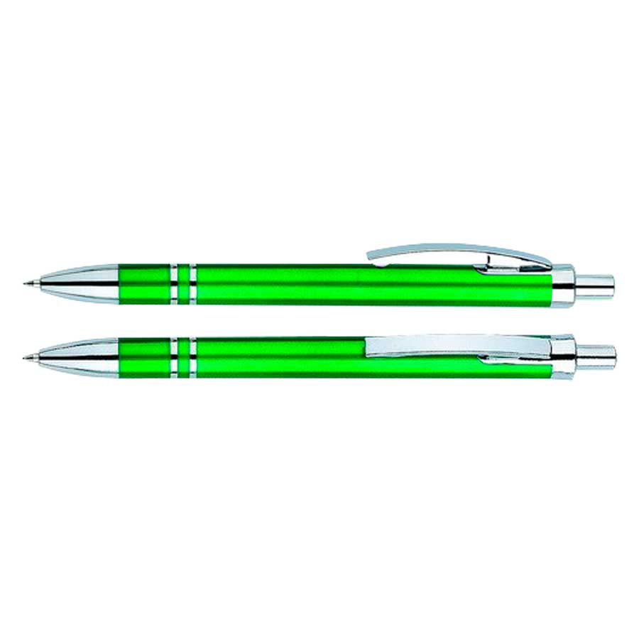 Bolígrafo Plástico Arco. Con cuerpo de color verde metalizado. Escritura azul.