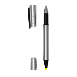 www.regalospro.cl-boligrafoPlasticoDestacador-BP33-3 Bolígrafo Resaltador color plata con diseño moderno, tinta negra y resaltador amarillo.