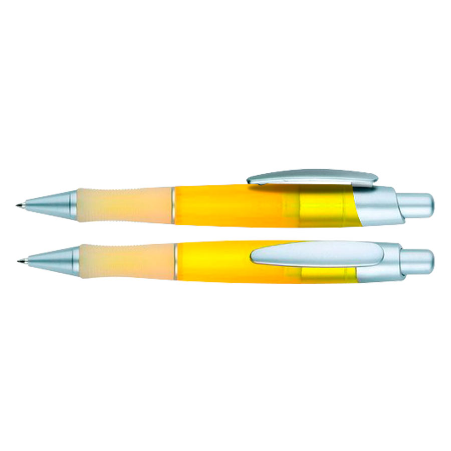 Bolígrafo plástico Discovery con cuerpo semi translúcido de color amarillo y detalles en plata