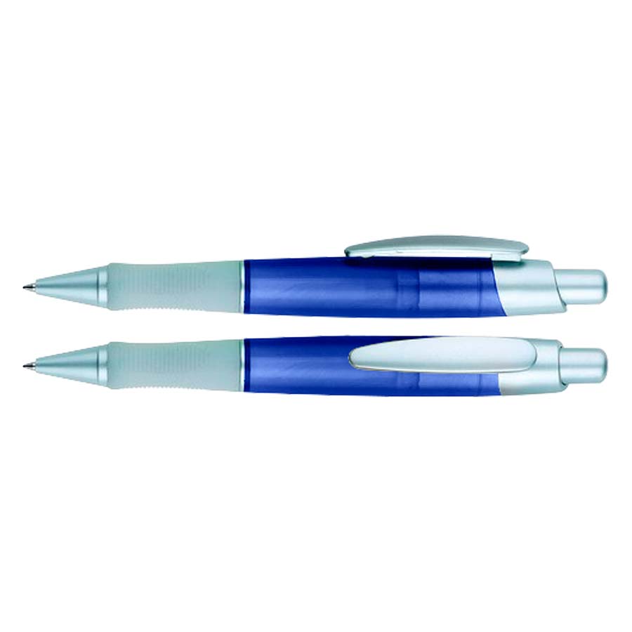 Bolígrafo plástico Discovery con cuerpo semi translúcido de color azul y detalles en plata