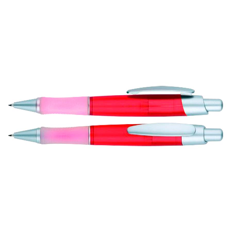 Bolígrafo plástico Discovery con cuerpo semi translúcido de color rojo y detalles en plata