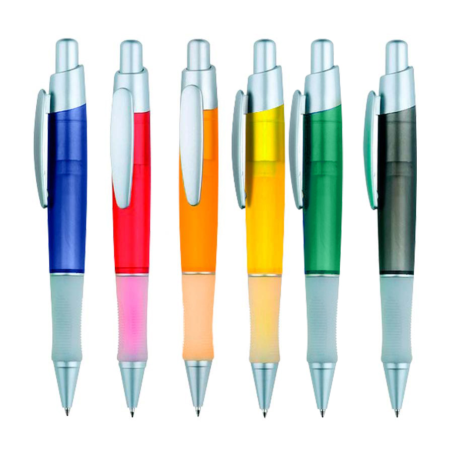 Bolígrafo plástico Discovery con cuerpo semi translúcido de colores y detalles en plata. Escritura azul, personalizable y perfecto para regalos corporativos
