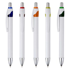 boligrafo plastico Masai con cuerpo blanco y detalles de color. Escritura azul, personalizable y perfecto para regalos corporativos