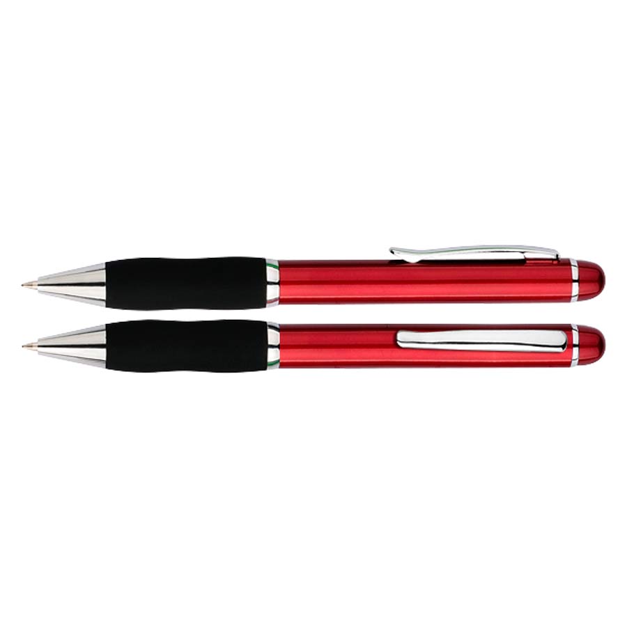 Bolígrafo Plástiuco Qasar Color. Con cuerpo de color metalizado. Escritura azul. Color rojo
