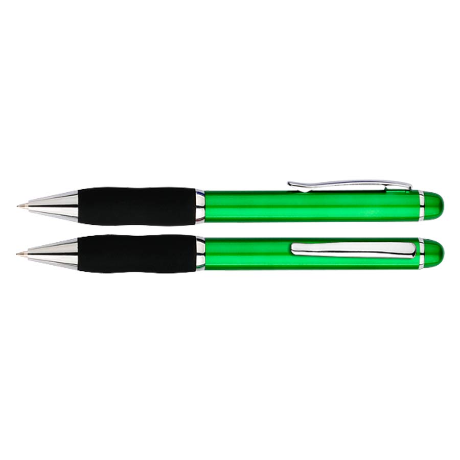 Bolígrafo Plástiuco Qasar Color. Con cuerpo de color metalizado. Escritura azul. Color verde