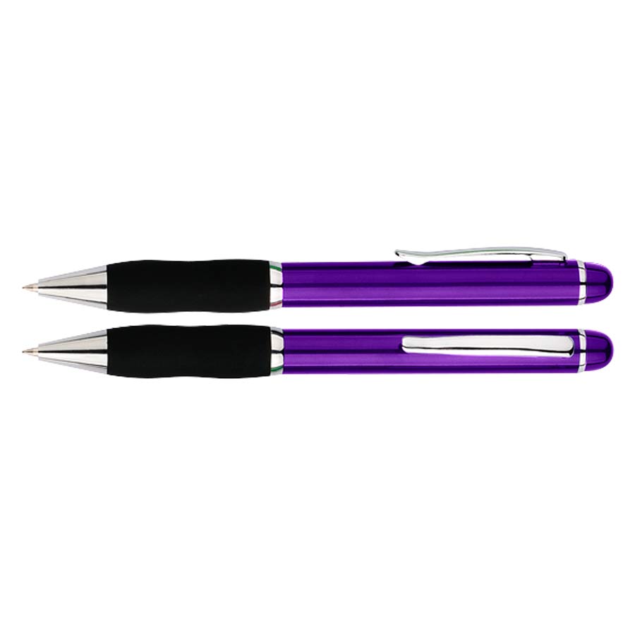 Bolígrafo Plástiuco Qasar Color. Con cuerpo de color metalizado. Escritura azul. Color violeta