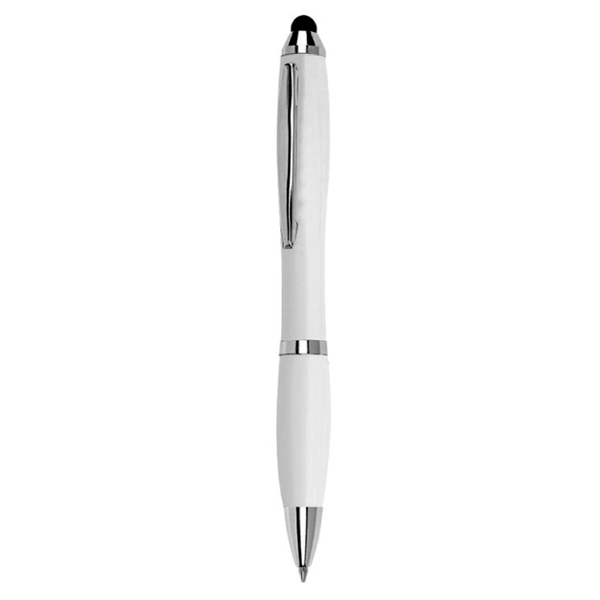 BOLÍGRAFO PLÁSTICO TOUCH BLANCO. Bolígrafo plástico giratorio con detalles metálicos. Clip metálico. Puntero para pantallas táctiles.