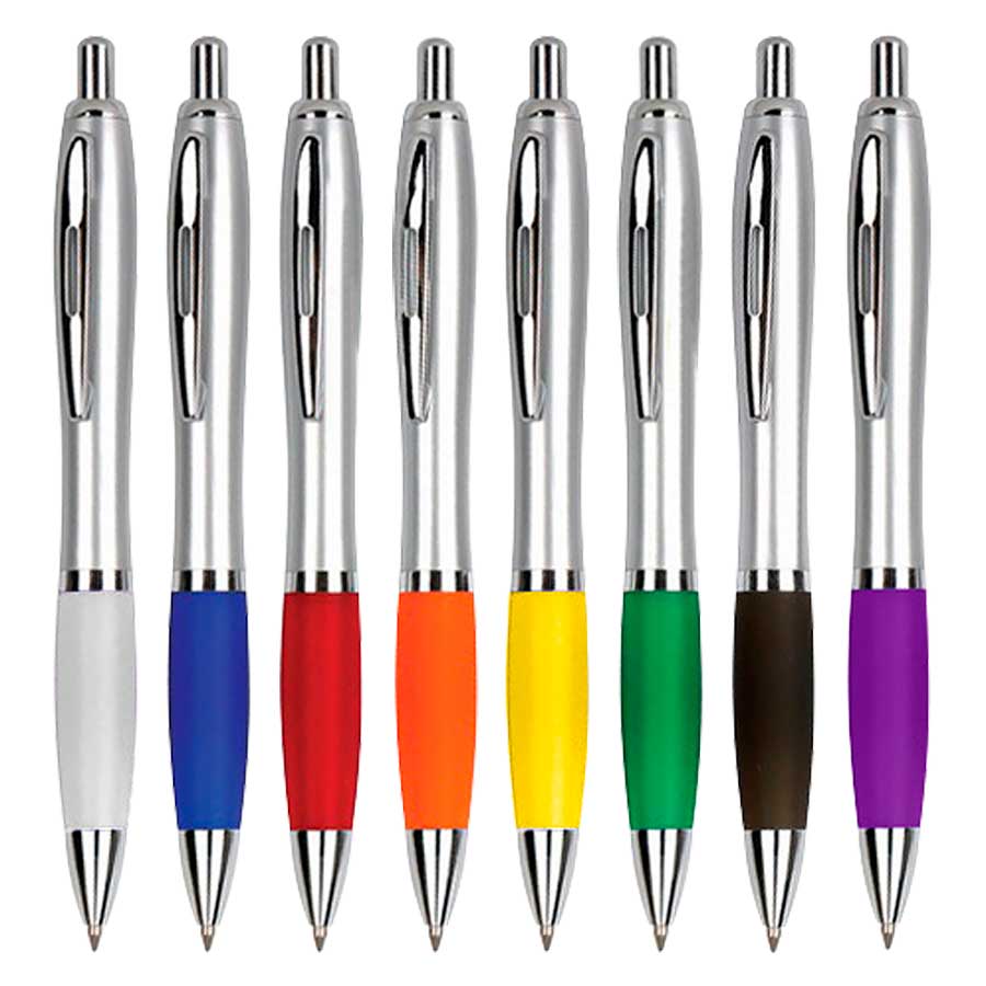 Bolígrafo Wind Satin con cuerpo curvo, detalles metálicos y grip de goma. Escritura azul, personalizable en varios colores: BLANCO, AZUL, ROJO, NARANJO, AMARILLO, VERDE, NEGRO, PURPURA