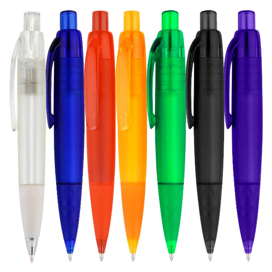 Bolígrafo promocional Gross con cuerpo ancho y acabado semi translúcido. Escritura azul. Disponible en colores: azul, rojo, naranjo, verde, negro, ultravioleta y transparente.