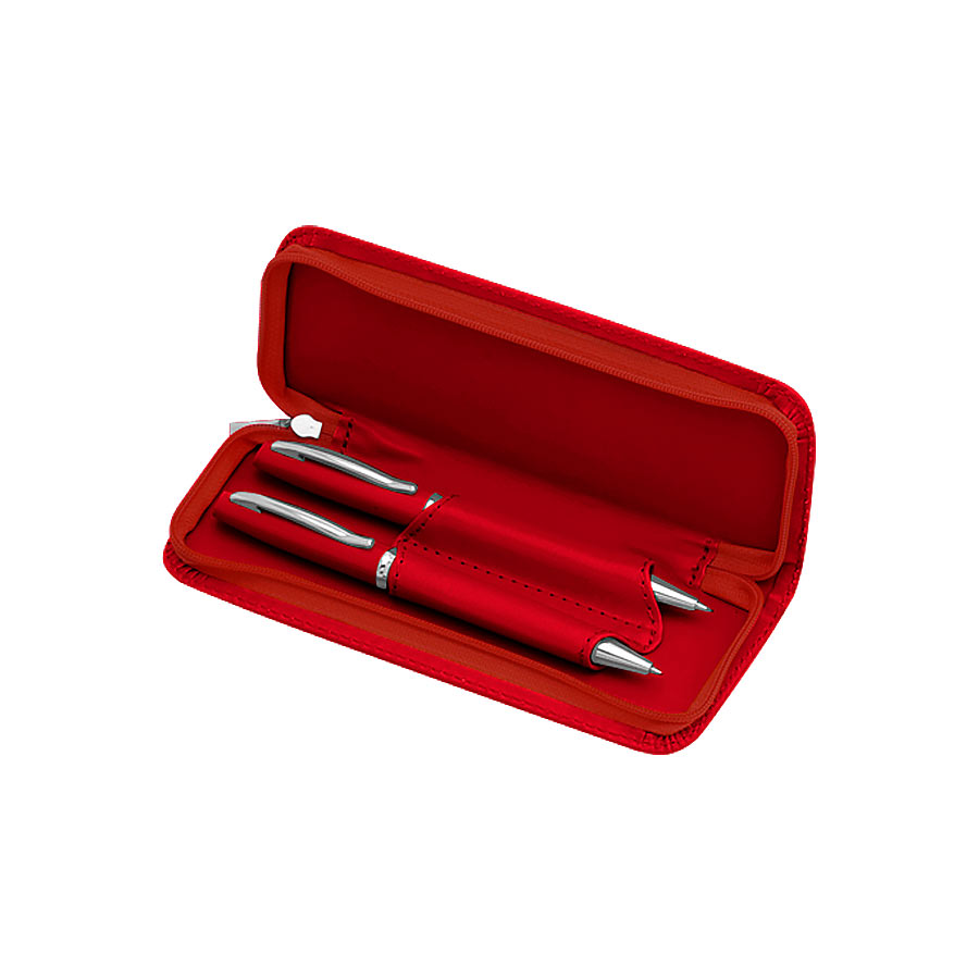 Set de escritura Finit con bolígrafo y portaminas en estuche de símil cuero color rojo