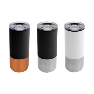 Mug NORI de acero inoxidable, cuenta con tapa de plástico transparente con boquilla y cierre seguro. Disponible en negro/cobre, negro/plata, blanco/plata