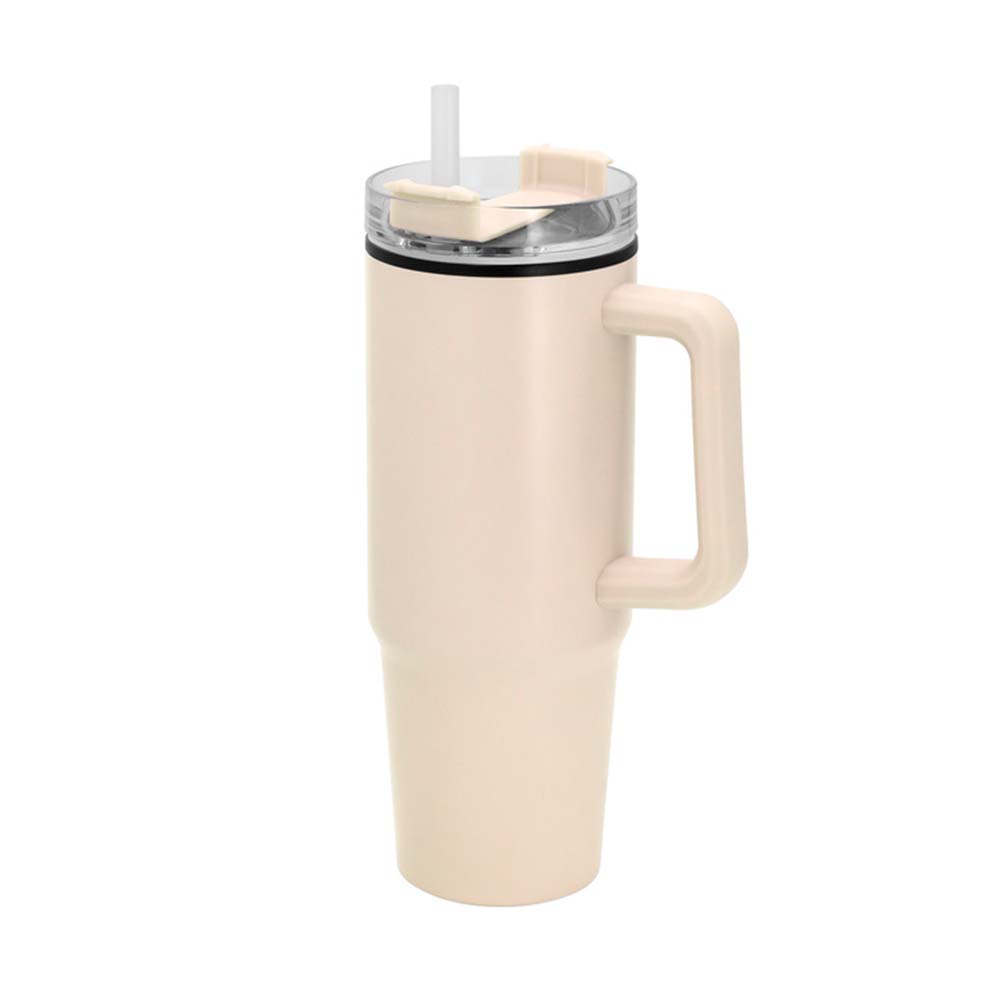 Mug térmico modelo MEGA en color beige, con tapa transparente con cierre giratorio porta sorbete y sorbete incluido.