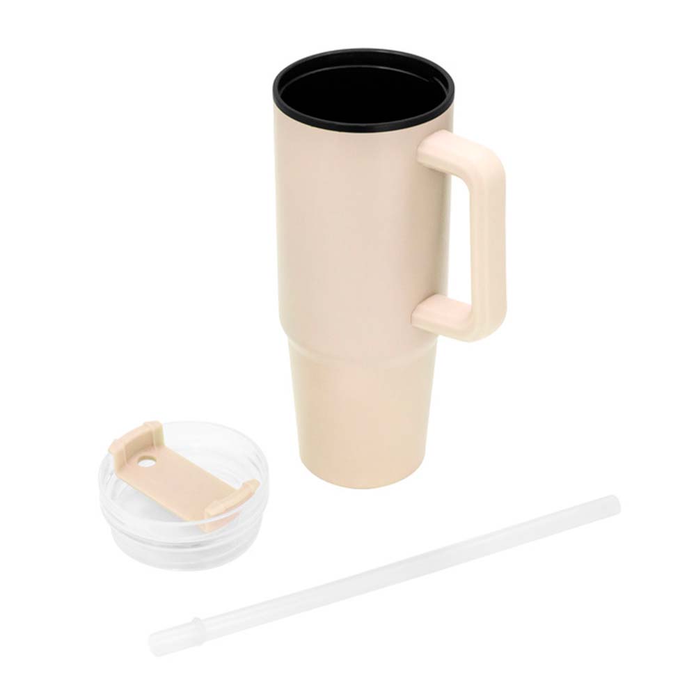Mug térmico modelo MEGA beige con tapa y sorbete a un costado