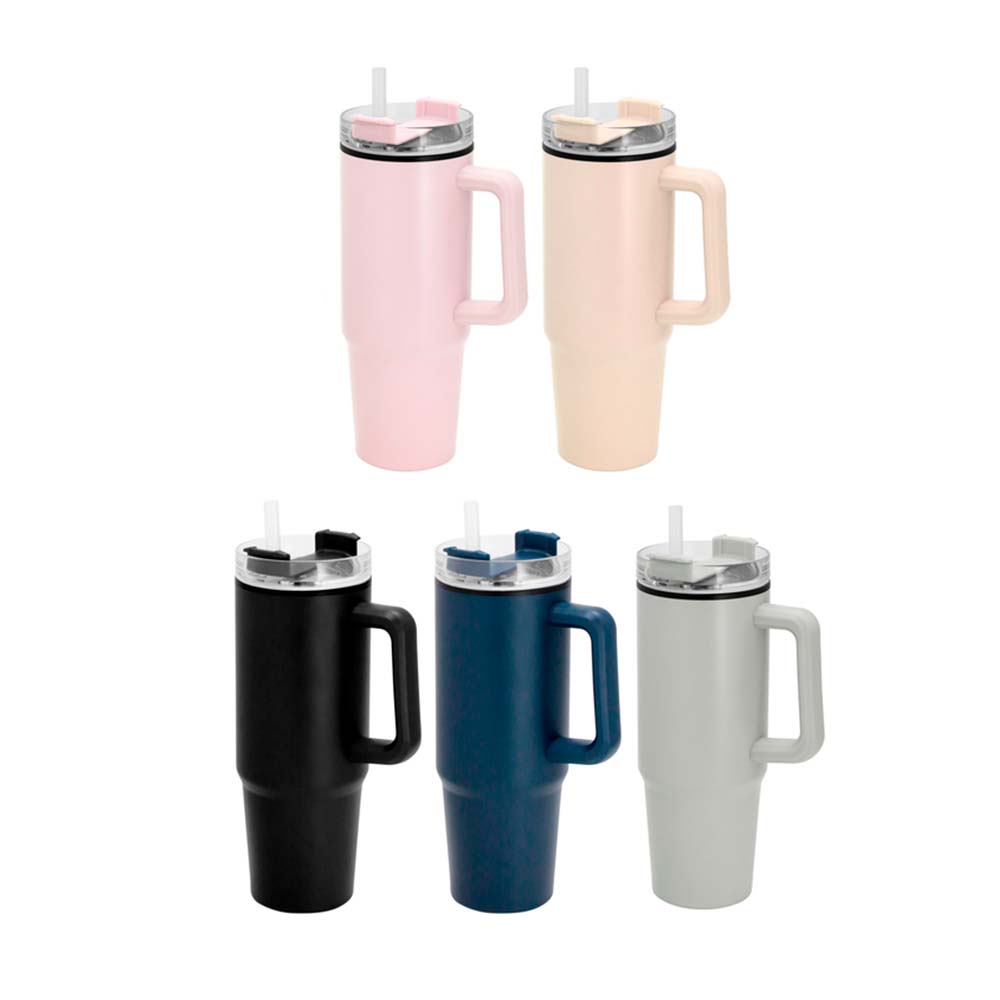 Mugs térmicos modelo MEGA, cuenta con tapa transparente con cierre giratorio porta sorbete. Acabado mate disponible en colores: negro, azul, gris, rosa, beige