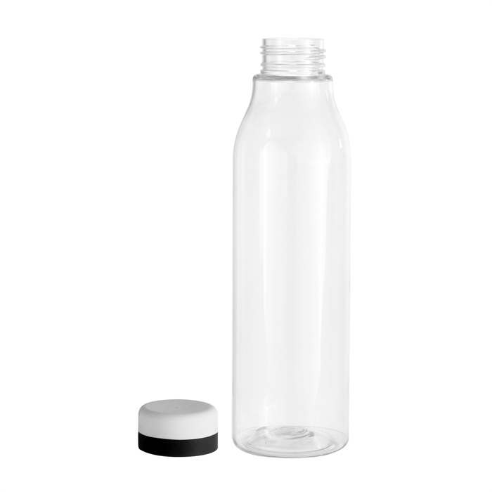 Botella de plástico transparente con tapa a rosca con anillo de silicona de color negro