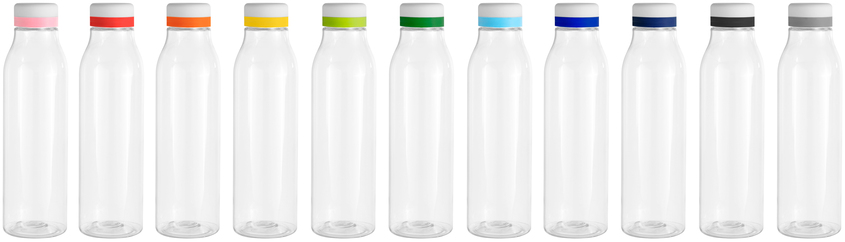 Botella de plástico transparente con tapa a rosca con anillo de silicona de colores rosa, rojo, anaranjado, amarillo, verde claro, verde oscuro, celeste, azul, azul marino, negro, gris