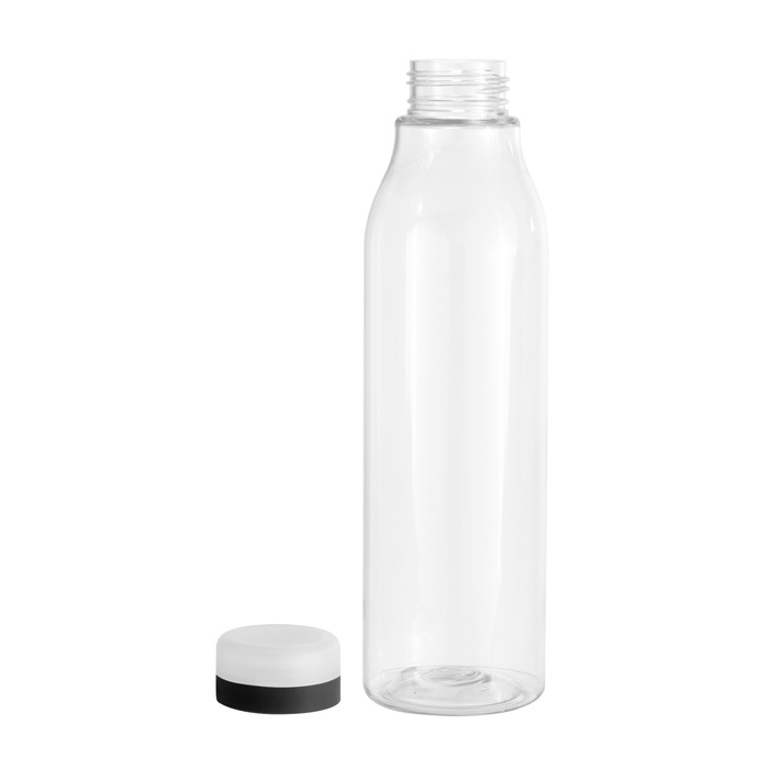 Botella de plástico transparente con tapa a rosca color con anillo de silicona de color negro