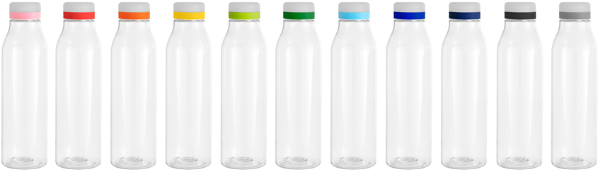 Botella de plástico transparente con tapa a rosca con anillo de silicona de colores rosa, rojo, anaranjado, amarillo, verde claro, verde oscuro, celeste, azul, azul marino, negro, gris