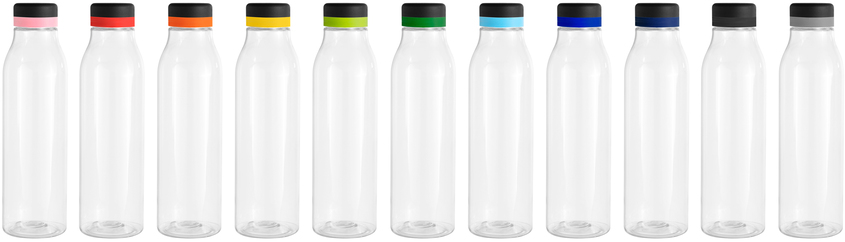 Botella de plástico transparente con tapa a rosca color negro mate con anillo de silicona de colores: rosa, rojo, anaranjado, amarillo, verde claro, verde, celeste, azul, azul marino, negro, gris.