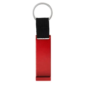 Llavero destapador OPENER metálico color rojo con correa negro. Acabado brillante y personalizable con tu logo.