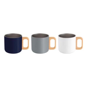 Mug timber de acero inoxidable con asa de madera. Disponible en azul, gris y blanco
