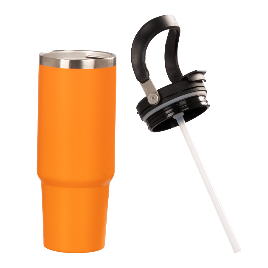 Mug térmico gigante HOOK de acero inoxidable de color anaranjado mate. A un lado la tapa con boquilla y bombilla con su característico gancho retráctil gigante color negro.