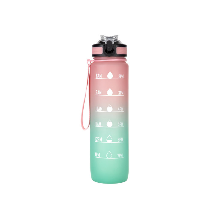 La botella deportiva motivacional GRAF en color rosa/aguamarina con acabado traslucido, con contador de tiempo y medidor y su cinta de transporte en color rosa.