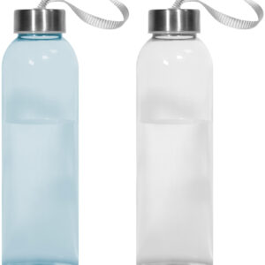 Botella de vidrio ANANÁ 500ml con tapa a rosca de acero inoxidable y cinta lanyard para fácil transporte. En color azul y transparente