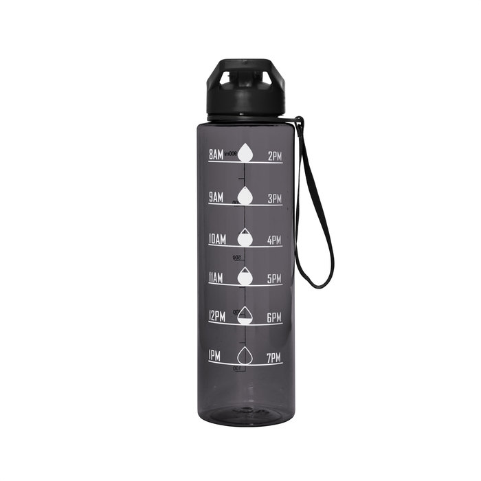 La botella deportiva motivacional BORG en color negro con acabado traslucido, con contador de tiempo