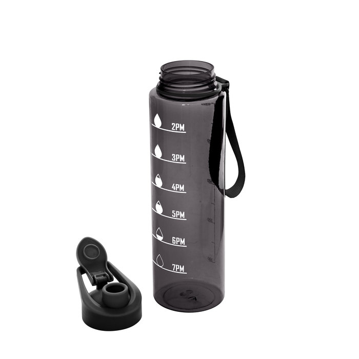 La botella deportiva motivacional BORG en color negro con acabado traslucido, con contador de tiempo. A un lado la tapa con su característica boquilla