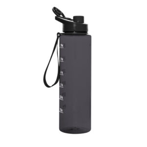 La botella deportiva motivacional BORG en color negro con acabado traslucido, con contador de tiempo y medidor