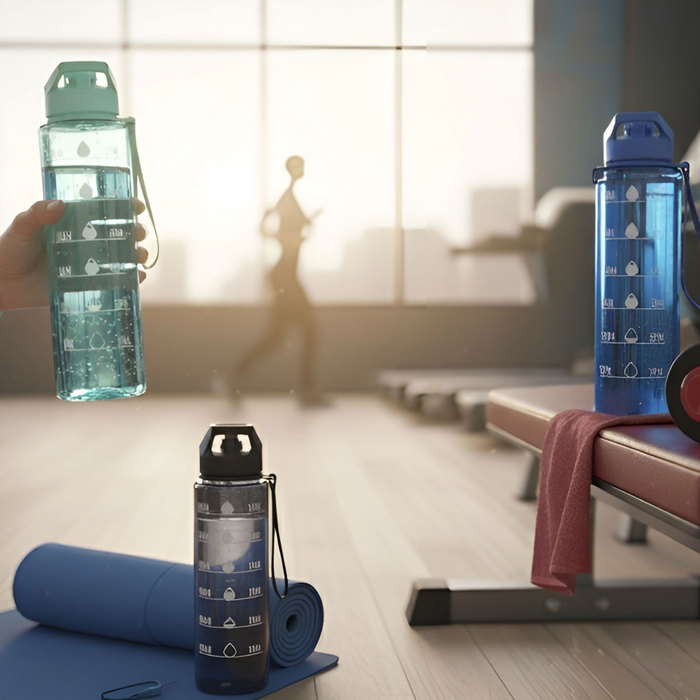 Tres botellas modelo BORG en color celeste, negro y azul siendo utilizadas en un gimnasio.