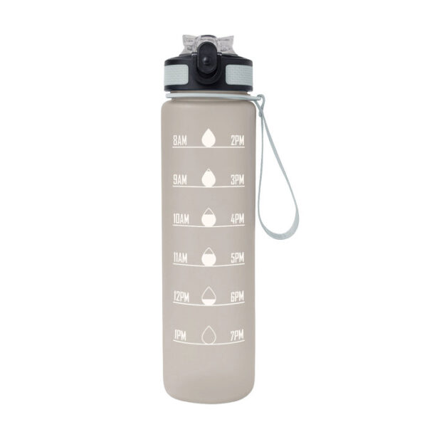 Botella deportiva motivacional NADAL en color gris con acabado frost, con contador de tiempo, tapa con boquilla rebatible y correa