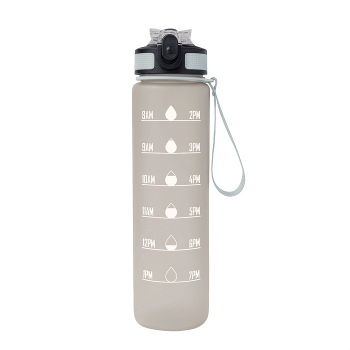 Botella deportiva motivacional NADAL en color gris con acabado frost, con contador de tiempo, tapa con boquilla rebatible y correa