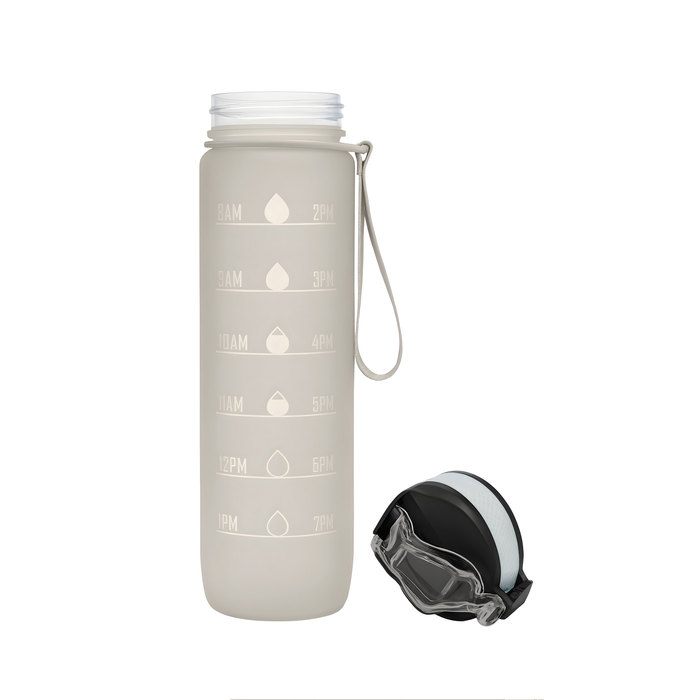 Botella deportiva motivacional NADAL en color gris con acabado frost, con marcador medida, tapa con boquilla rebatible a un costado