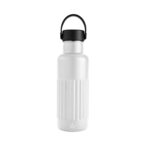 Botella térmica KAWA de acero inoxidable color blanco , con cuerpo con relieve para mejor agarre y tapa PP a rosca color negro con asa de silicona.