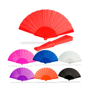 Abanico promocional de tela personalizado presentado en caja blanca, ideal como regalo corporativo para eventos.