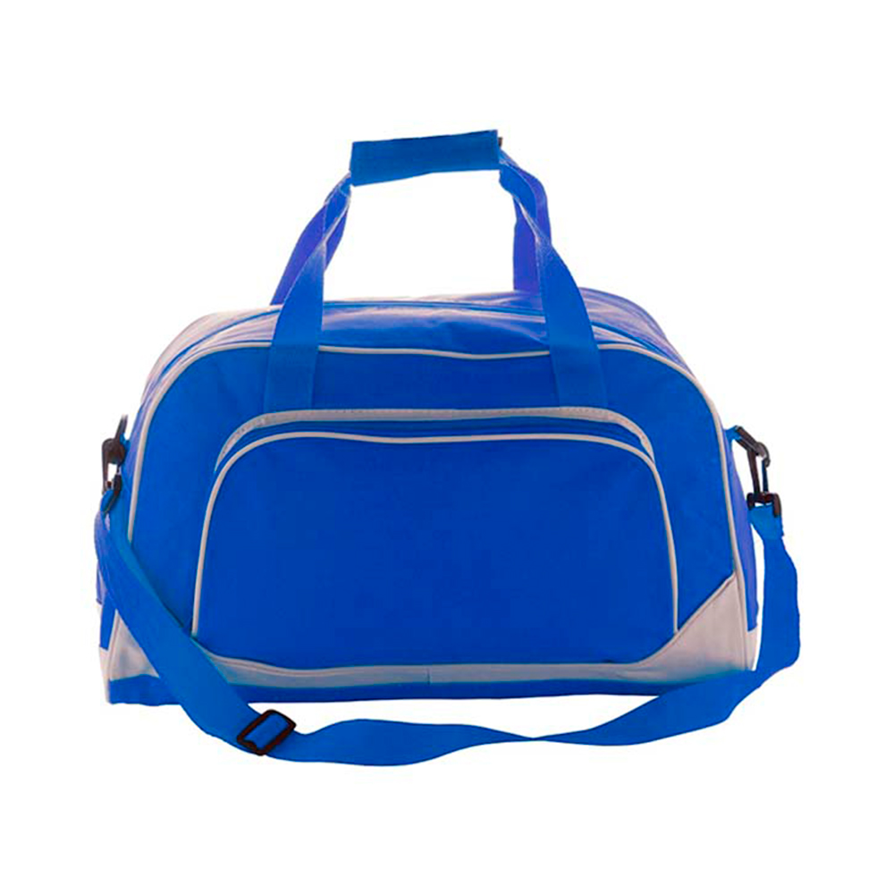 Bolso multiusos corporativo de poliéster 600D con bolsillo exterior, asas reforzadas y bandolera ajustable. Azul.