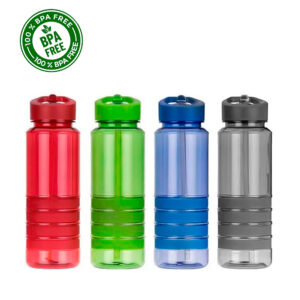 Botella plástica libre de BPA de 750 ml con cintas de silicona de colores y sistema antiderrame para regalo corporativo.