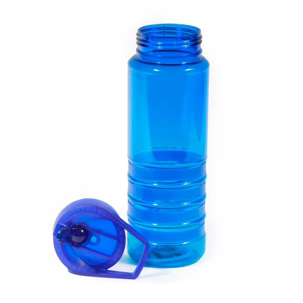 Botella plástica libre de BPA de 750 ml con cintas de silicona de colores y sistema antiderrame para regalo corporativo. Azul
