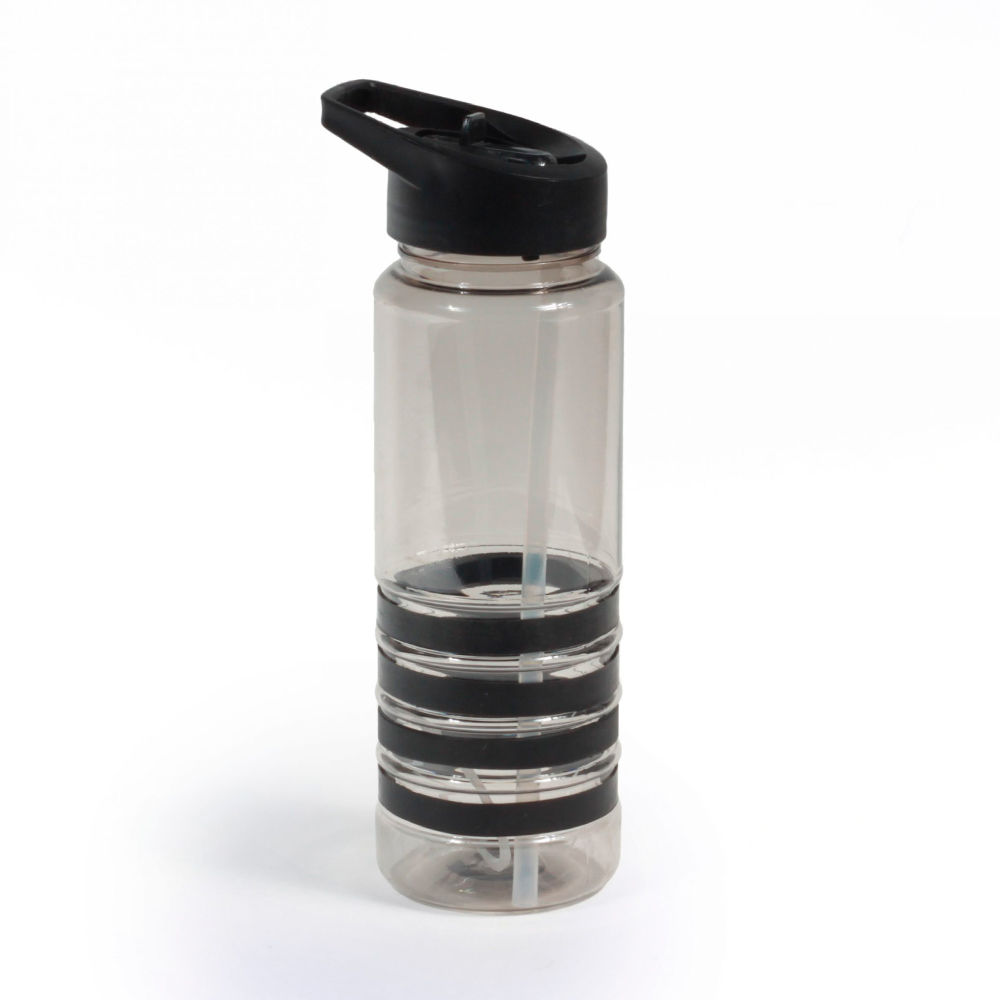 Botella plástica libre de BPA de 750 ml con cintas de silicona de colores y sistema antiderrame para regalo corporativo. Negra