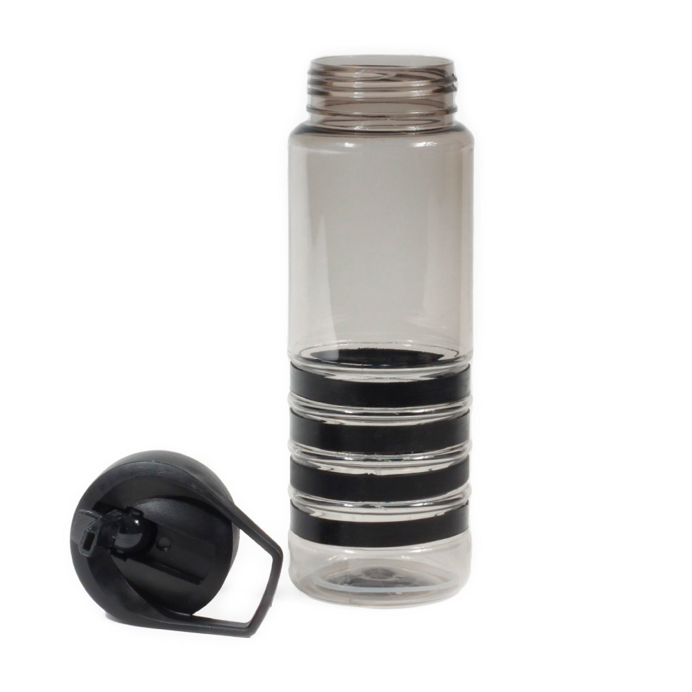 Botella plástica libre de BPA de 750 ml con cintas de silicona de colores y sistema antiderrame para regalo corporativo. Negra