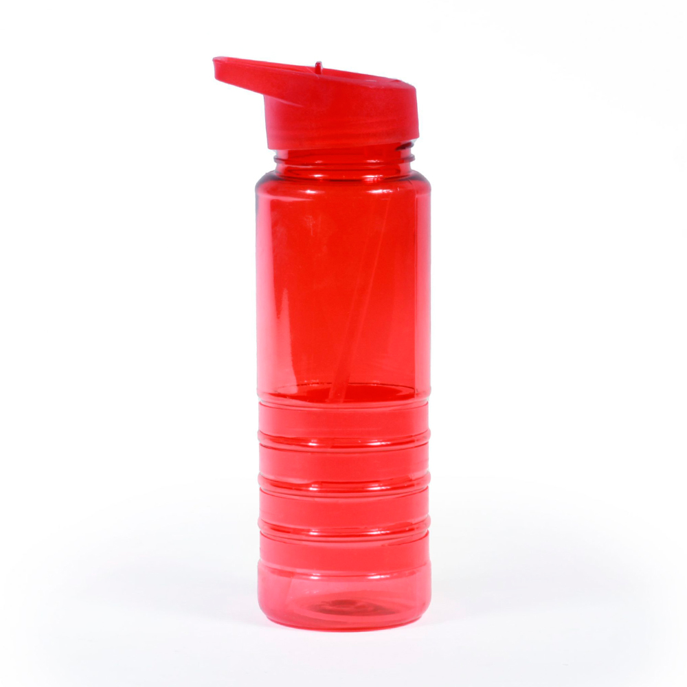 Botella plástica libre de BPA de 750 ml con cintas de silicona de colores y sistema antiderrame para regalo corporativo. Roja