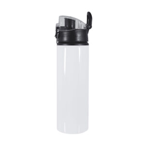 Botella sublimable de aluminio blanca personalizada con tapa de acrílico y asa de silicona, ideal como regalo corporativo.