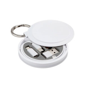 Cable de carga corporativo NEXO con estuche circular blanco, adaptadores USB, USB-C, Lightning y micro USB, con mosquetón metálico.