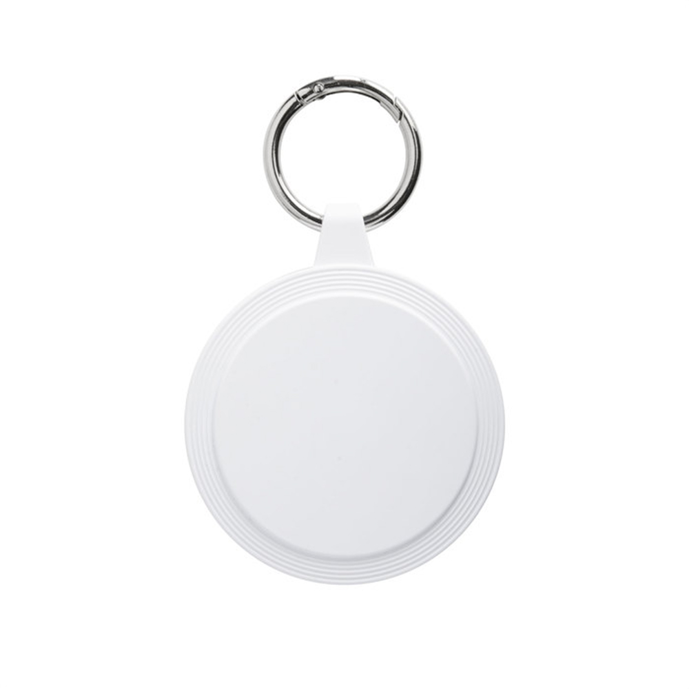 Cable de carga corporativo NEXO con estuche circular blanco, adaptadores USB, USB-C, Lightning y micro USB, con mosquetón metálico.