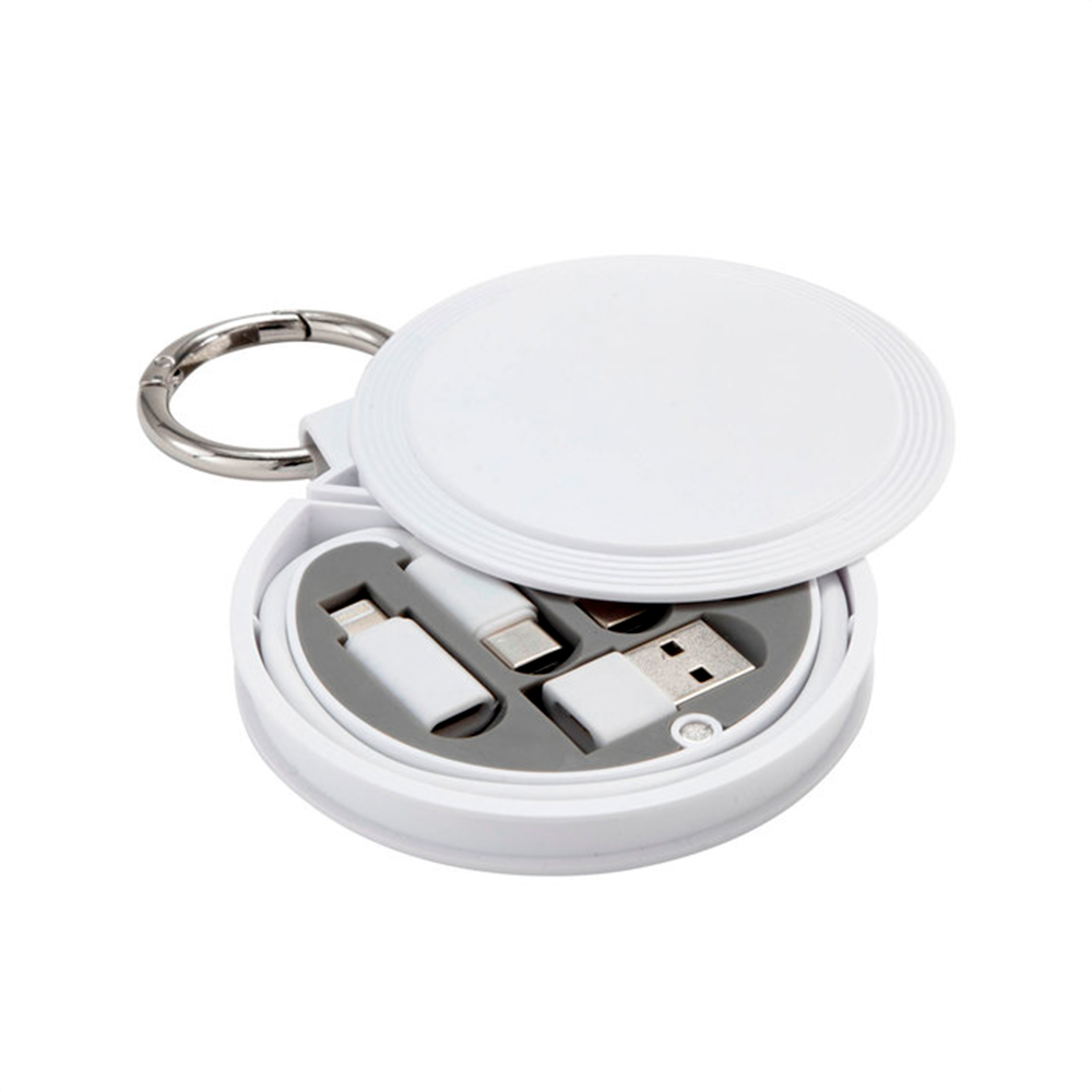 Cable de carga corporativo NEXO con estuche circular blanco, adaptadores USB, USB-C, Lightning y micro USB, con mosquetón metálico.
