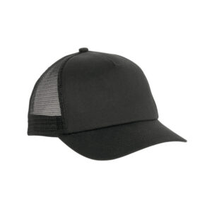 Gorra corporativa TRAC negra de 5 paneles con visera de algodón y malla poliéster, ajustable, SKU RP347