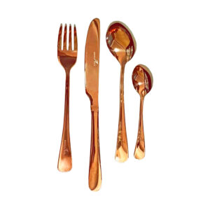 Set de cubiertos encobrizados de acero inoxidable con estuche de presentación, ideal como regalo corporativo premium.