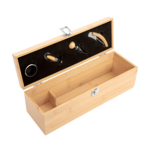 Set de vino corporativo VINICIUS en caja de bambú con accesorios y cierre metálico. CBV379
